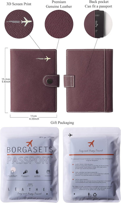 Genuine Leather Passport Case, RFID Passport Cover with Credit Card Holder for Women and Men Family ID Travel