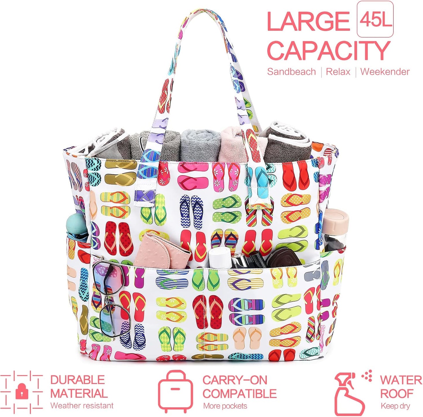 LEDAOU Large Beach Tote Bag Women Waterproof Sandproof Zipper Beach Tote Bag for Pool Gym Grocery Travel with Wet Pocket