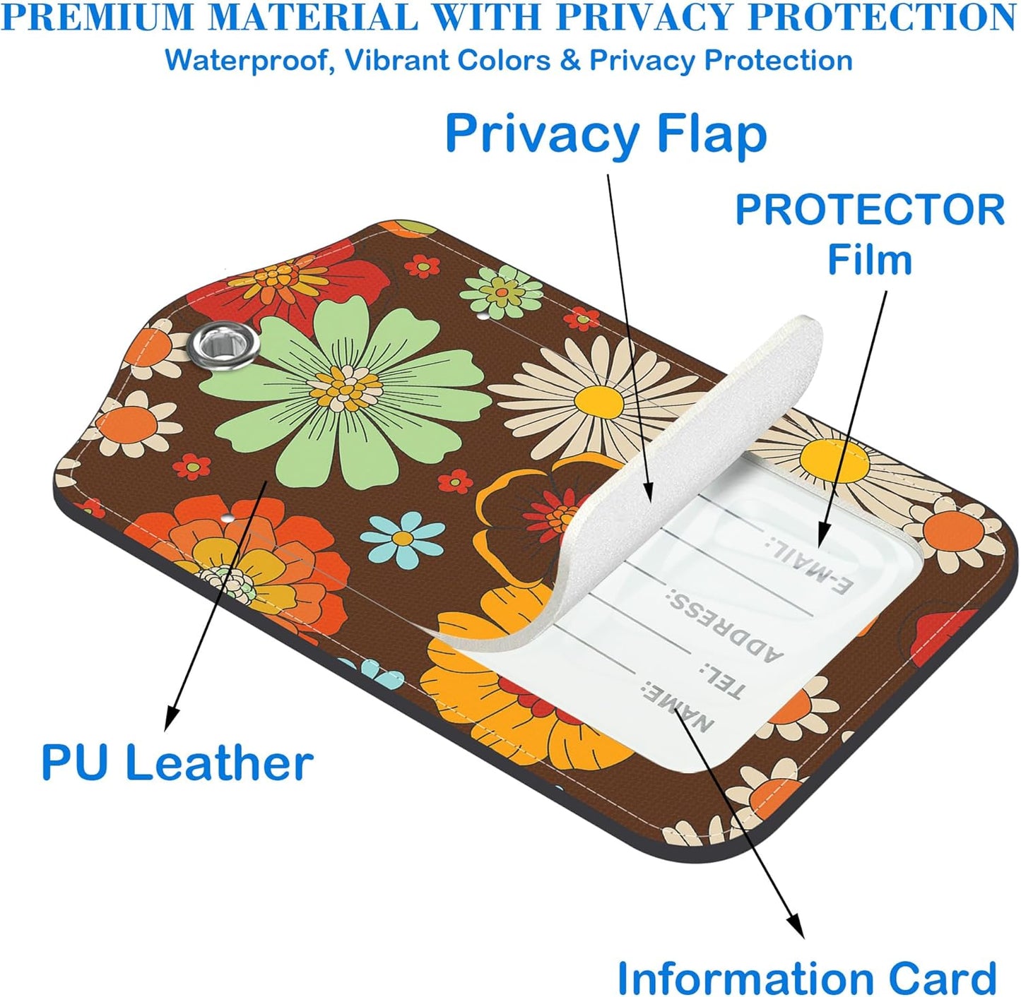 70s Retro Floral Luggage Tags for Suitcases Leather Travel Tags for Luggage ID Label with Privacy Cover and Stainless Steel Loop for Men Women Suitcase Backpack, Set of 2