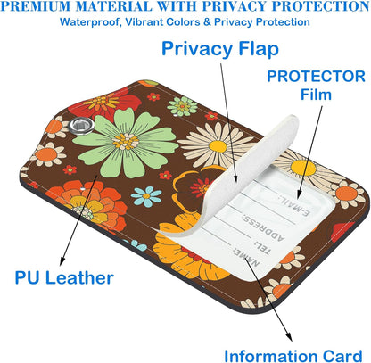 70s Retro Floral Luggage Tags for Suitcases Leather Travel Tags for Luggage ID Label with Privacy Cover and Stainless Steel Loop for Men Women Suitcase Backpack, Set of 2