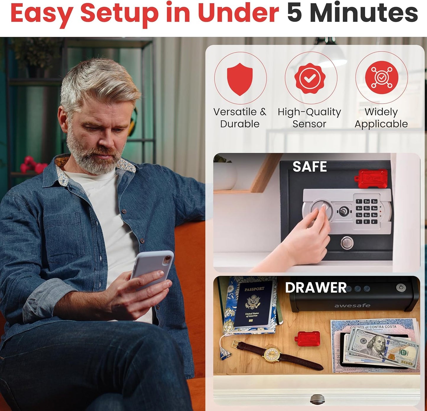 Kini SafeAlert WiFi Motion Sensor Alarm | Real-Time SMS Notification | Wireless Motion Detector for Gun Safes, Cabinets, Home, Apartments, Office | Easy Install, No Subscription, Rechargeable Battery