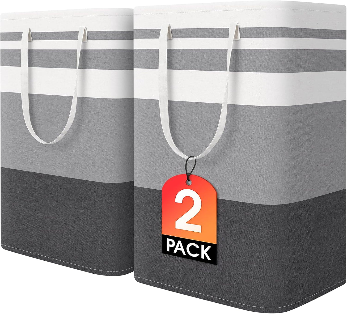 HomeHacks 2 Pack Large Laundry Baskets, Waterproof, Freestanding Laundry Hampers, Collapsible Clothes Hamper with Reinforced Handles in Laundry Room, College Dorm, Bathroom, Bedroom (Grey, 75Lx2)