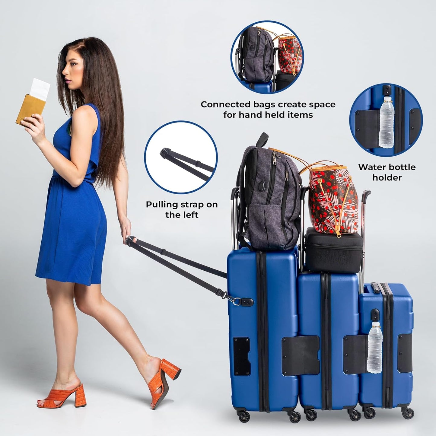 Tach V3.1 Connectable Carry On, Medium and Large Hardside Suitcases with Adjustable Handle and 360 Degree Spinner Wheels, a Set of 3, Midnight Blue