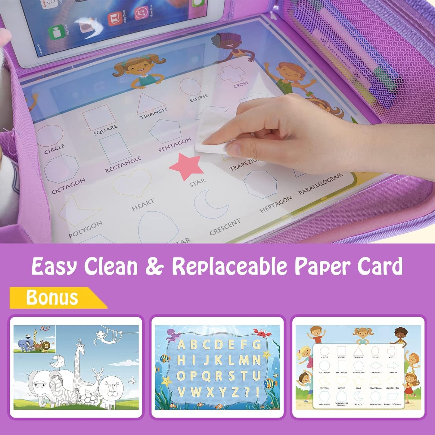 MENZOKE Car Seat Tray for Kids Travel, Kids Travel Tray with Educational Drawing Board, Tablet Holder & Cooler Cup Holder, Holiday Gifts for Car Trip, Purple