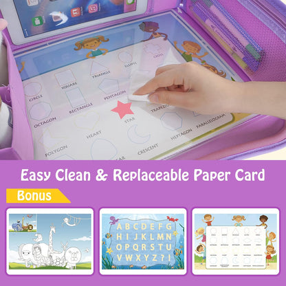 MENZOKE Car Seat Tray for Kids Travel, Kids Travel Tray with Educational Drawing Board, Tablet Holder & Cooler Cup Holder, Holiday Gifts for Car Trip, Purple