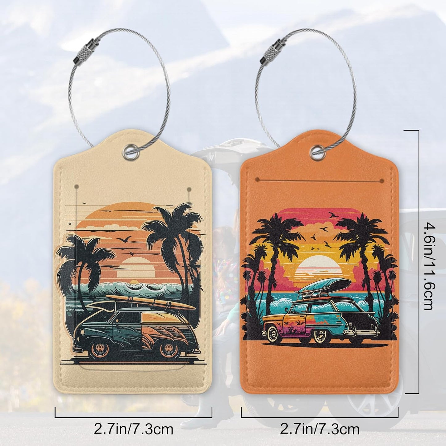 Car Palm Tree and Sunset On The Ocean 2 PCS Luggage Tags, Privacy Cover ID Label with Stainless Steel Loop and Address Card for Travel Bag Suitcase