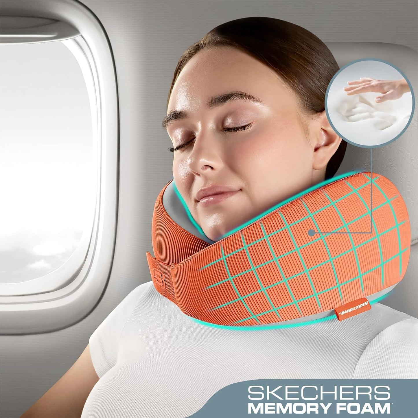 Skechers Women's Memory Foam Neck Pillow, Comfortable & Breathable Travel Pillow, Neck Pillow Airplane for Travel, Car Rides, Home, and Office Use, Ergonomic Design for Men and Women,Orange