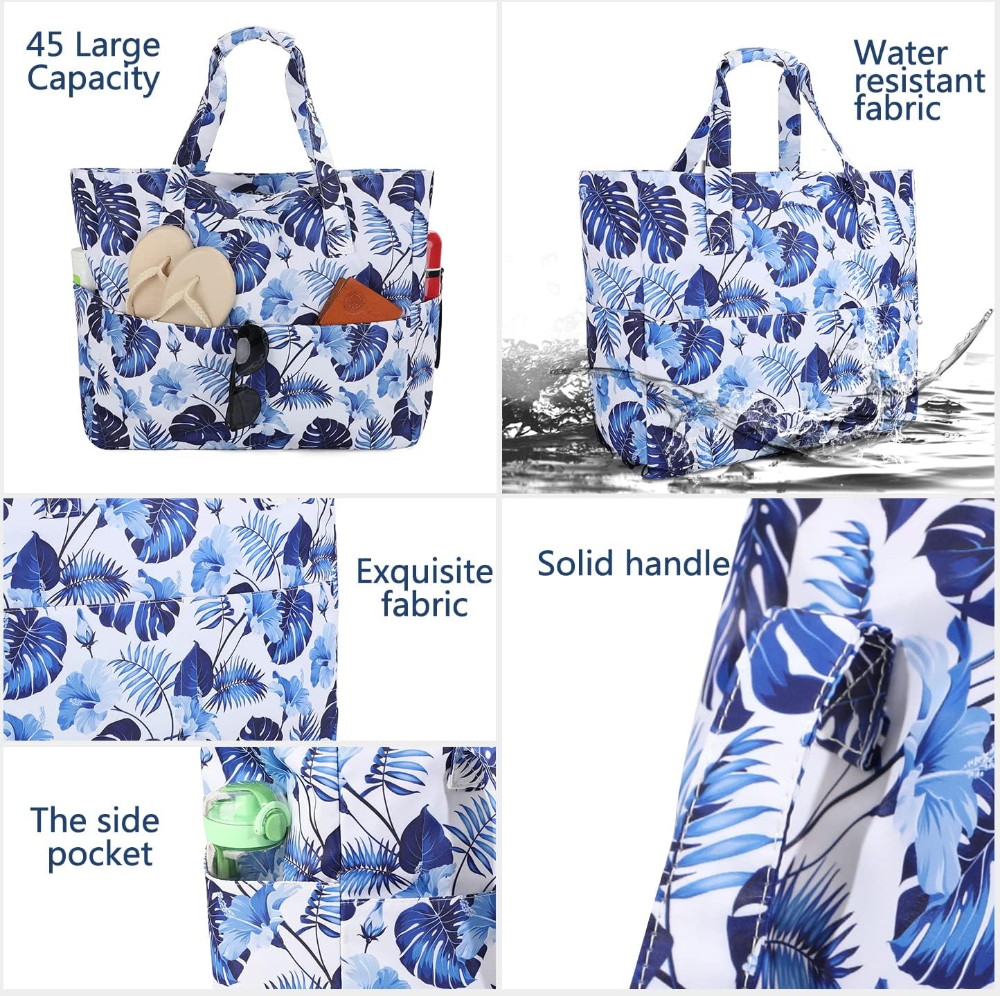 LEDAOU Large Beach Tote Bag Women Waterproof Sandproof Zipper Beach Tote Bag for Pool Gym Grocery Travel with Wet Pocket