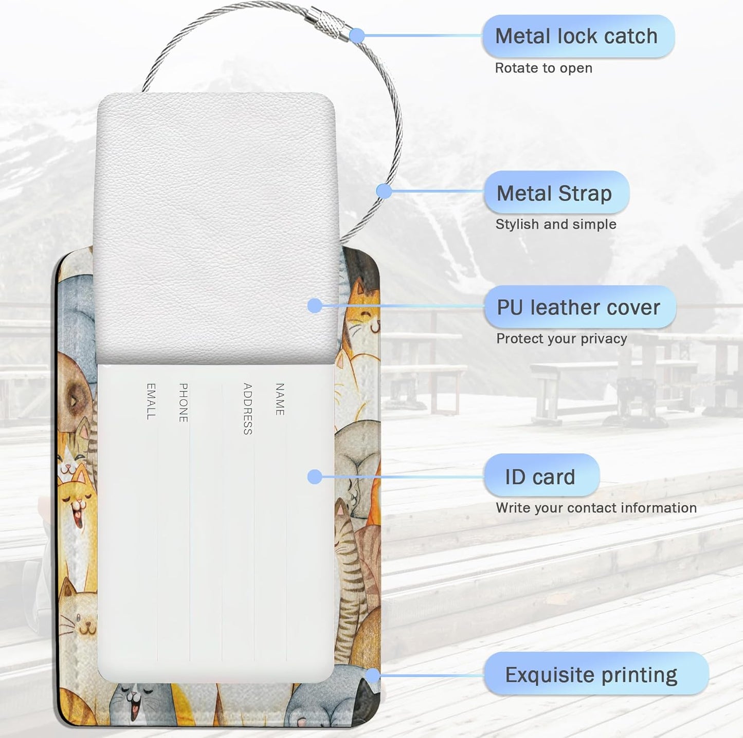 Cartoon Cats Luggage Tags,2 Pack Luggage Tag,Leather Privacy Cover ID Label with Stainless Steel Loop for Women Men Kids Girls Travel