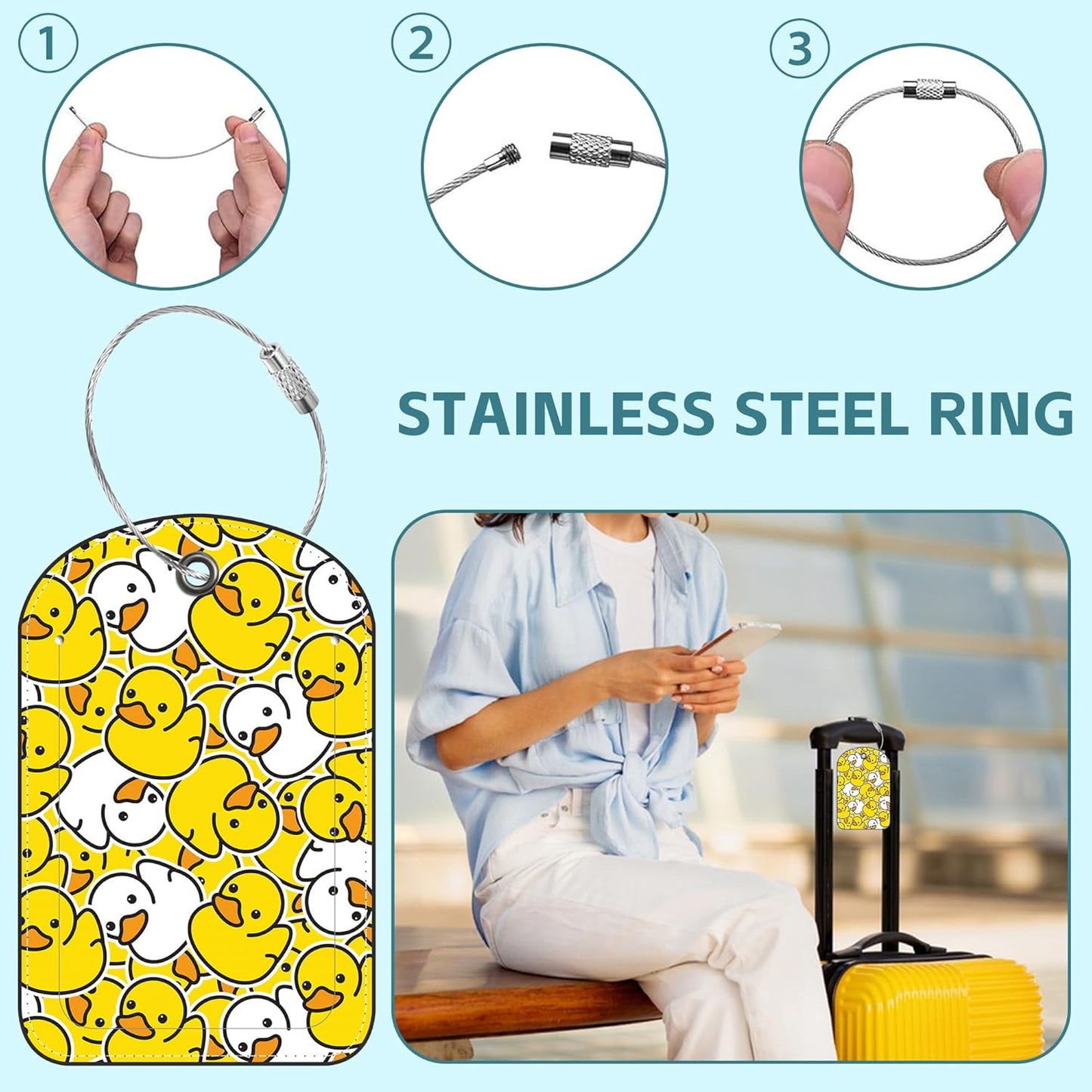 Rubber Duck Luggage Tag for Suitcase Set of 2 PU Leather Cute Luggage Tags with Stainless Metal Loop ID Label Privacy Flap Suitcase Tags for Women and Men Travel