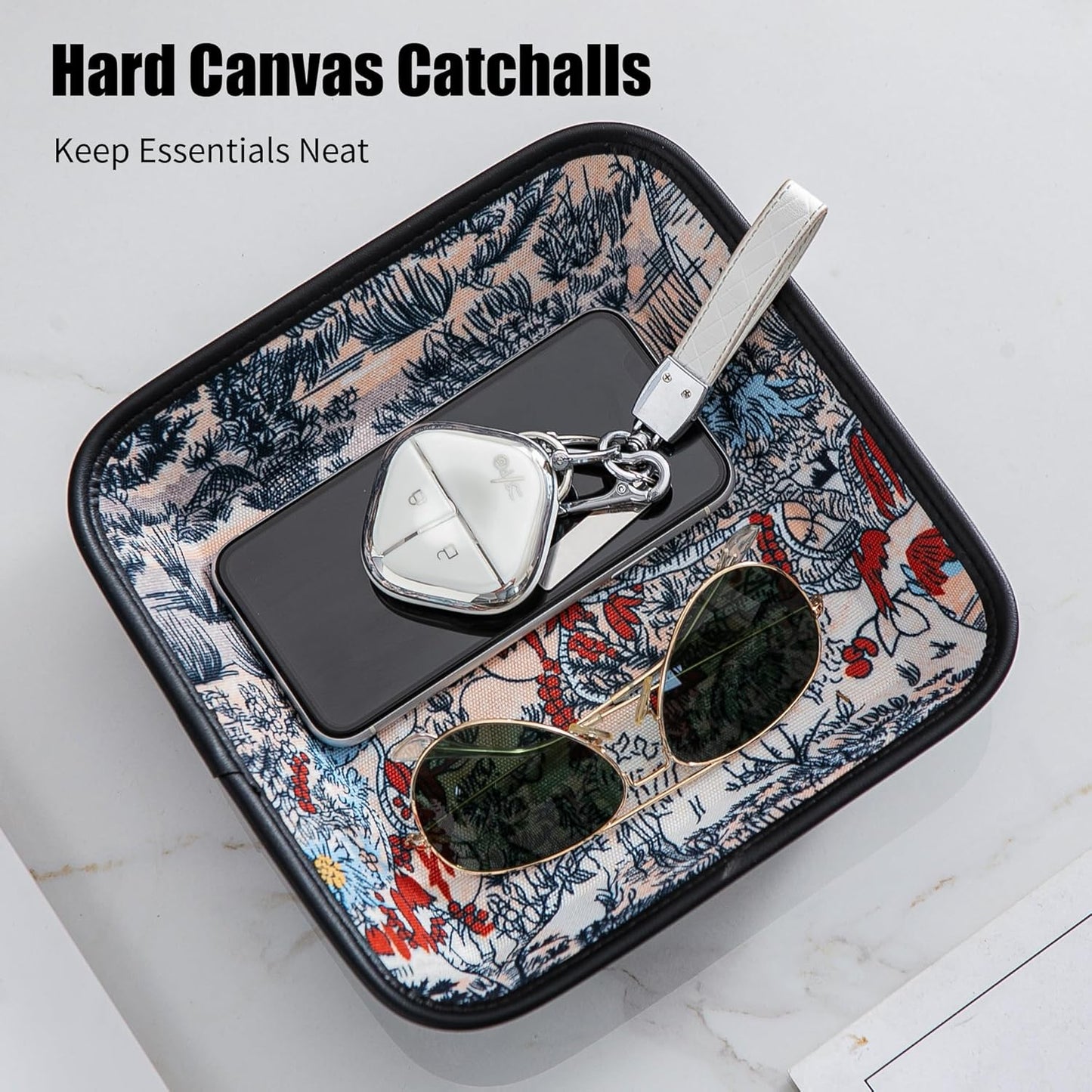 2025 Improved Design Premium Square Fabric Valet Tray Organizer Set of 2, Hard Canvas Catchall Tray for Watches, Keys, Wallets, Jewelry & Candys on Desk, Bedside, Nightstand (Square Hard)