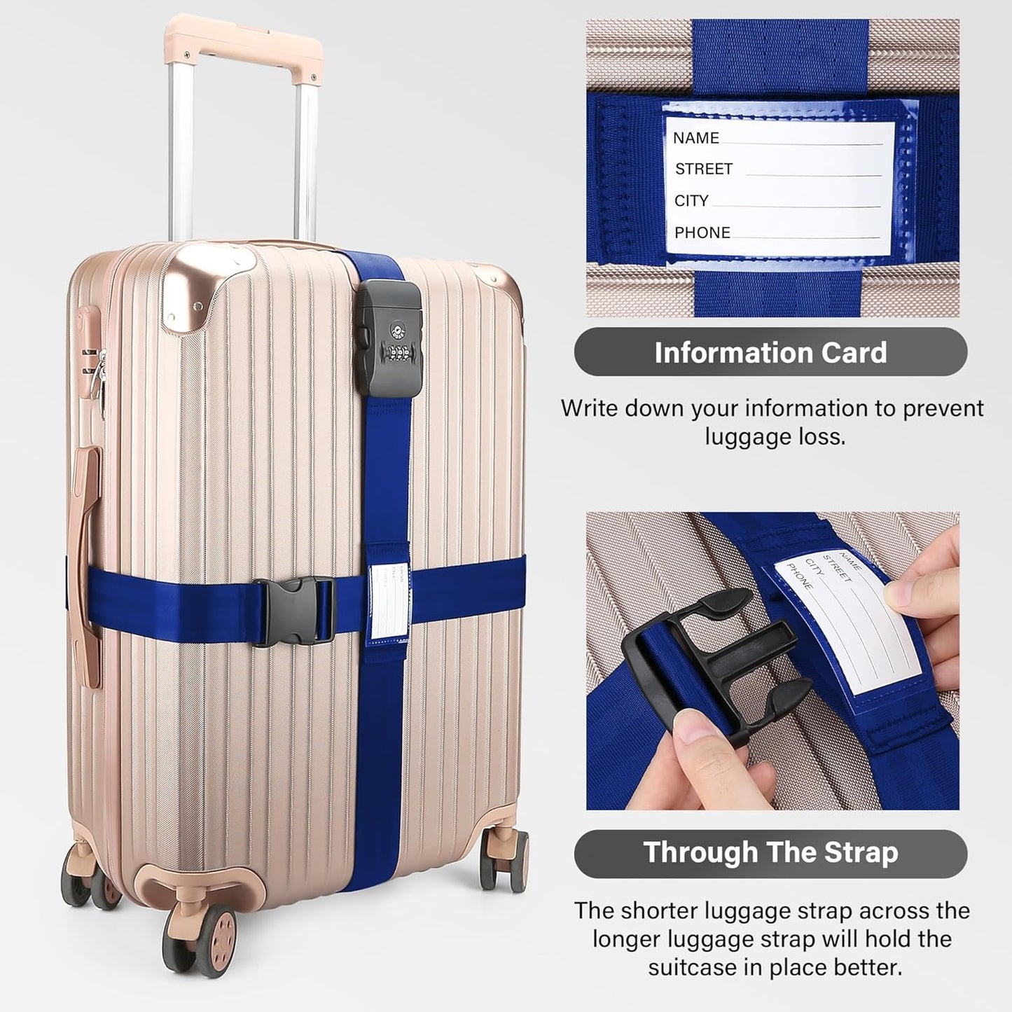 Luggage Straps, Blue TSA Approved Luggage Strap Belt with Combination Lock for Suitcases, 2 Pack Adjustable Heavy Duty Cross Suitcase Straps with Name Tags for Travel, Carry On Bags, Protect Luggage
