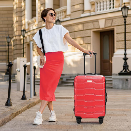 3 Piece Luggage Set, PC+ABS Lightweight Suitcase Sets with Spinner Wheels, Hardshell Luggage Sets with TSA Lock Red (20/24/28)