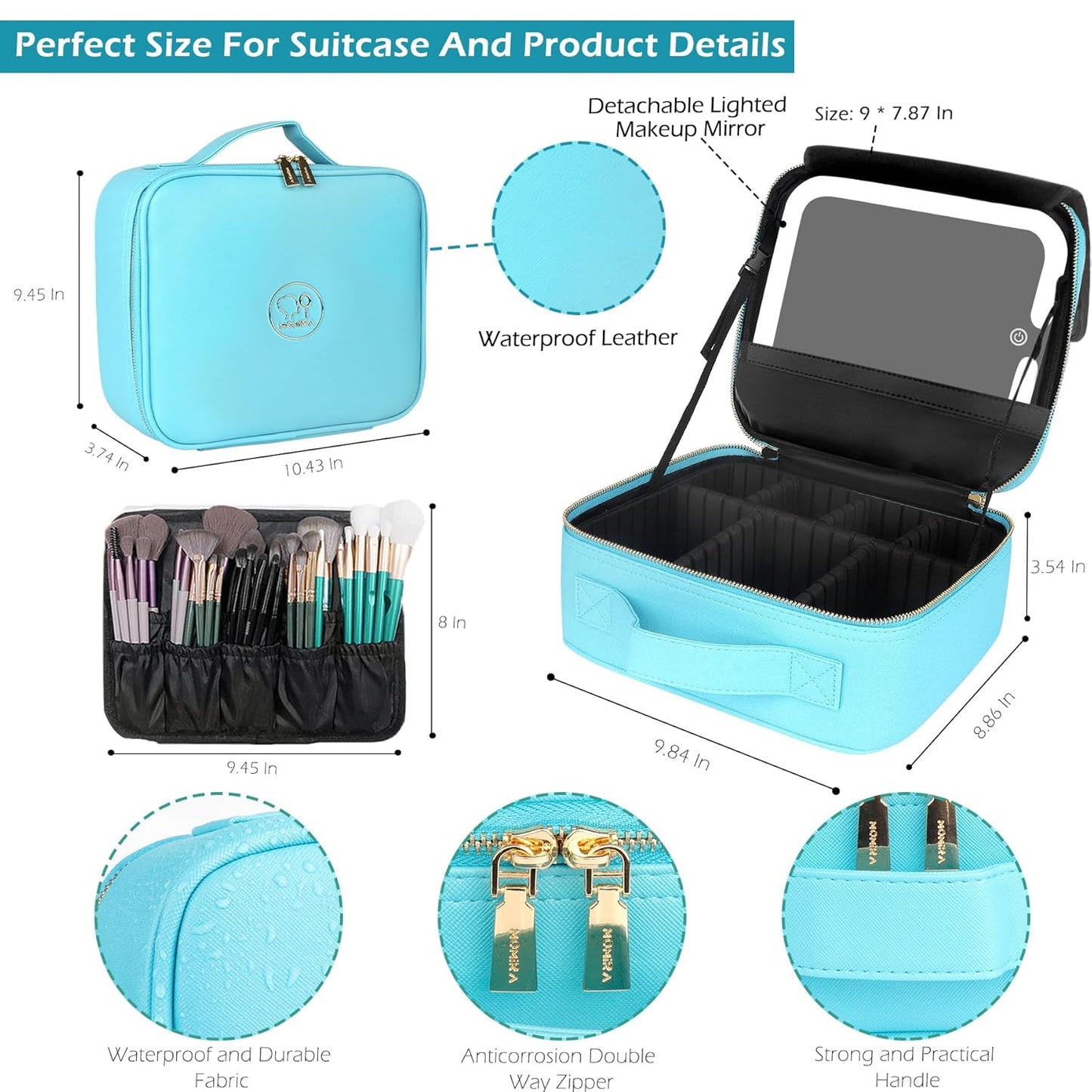MOMIRA Travel Makeup Bag Cosmetic Bag with Lighted Mirror, Adjustable Brightness in 3 Color Scenarios, Waterproof, 10x Magnifying Mirror, Rotatable Independent Light Mirror- Diamond Blue(Solid)