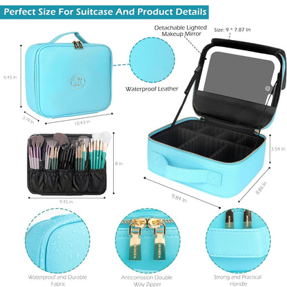 MOMIRA Travel Makeup Bag Cosmetic Bag with Lighted Mirror, Adjustable Brightness in 3 Color Scenarios, Waterproof, 10x Magnifying Mirror, Rotatable Independent Light Mirror- Diamond Blue(Solid)