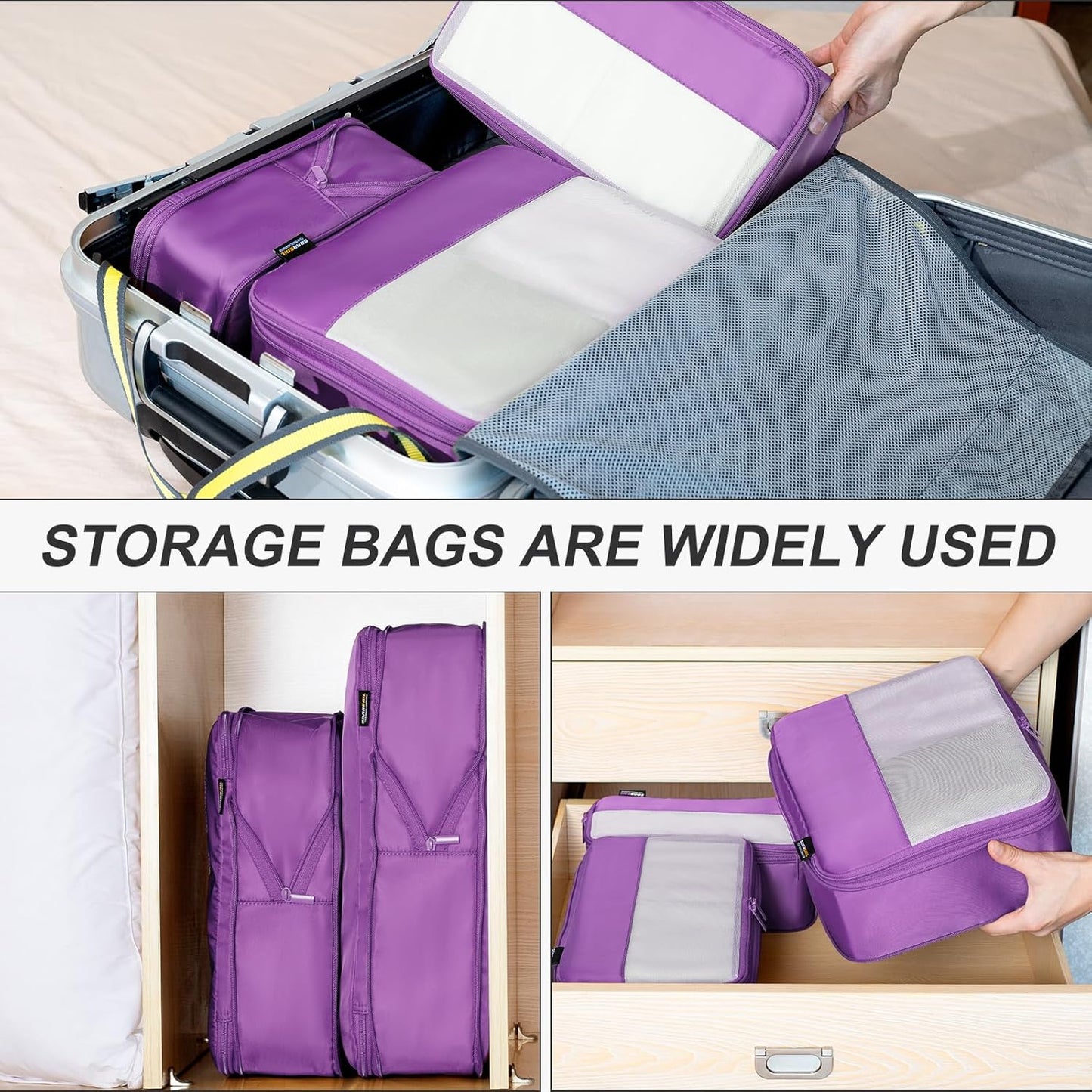 5 Set Compression Packing Cubes for Travel, Space Saving Luggage Organizer Bags (Bright Purple)