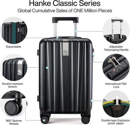 Hanke Expandable Hardshell Luggage Sets 3 piece Carry on Luggage with Wheels Suitcases Lightweight Checked Travel Luggage Rolling Large Suitcase Travel Luggage Bag Woman Men 20/24/29 Inch(Jet Black)