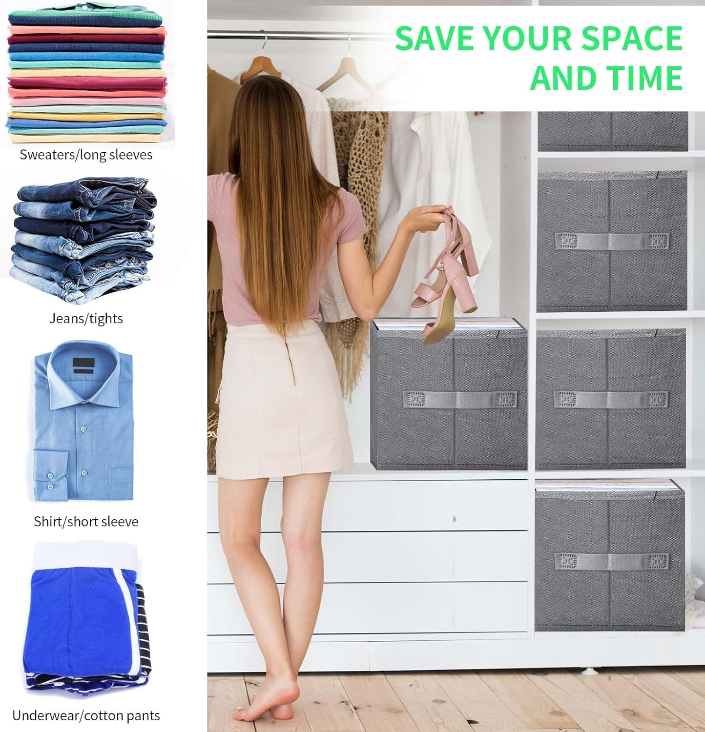 Jeans Organizer for Closet, Foldable Wardrobe Clothes Organizer with Handle, Stackable Closet Clothes Drawer Organizer Tshirts with 7 Grids for Leggings, Sweater, Jean, Pants, Grey (6 PACK)