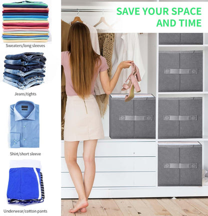 Jeans Organizer for Closet, Foldable Wardrobe Clothes Organizer with Handle, Stackable Closet Clothes Drawer Organizer Tshirts with 7 Grids for Leggings, Sweater, Jean, Pants, Grey (6 PACK)