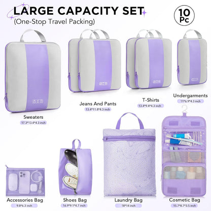10 Set Compression Packing Cubes for Travel Essentials,Compressible Expandable Packing Cubes for Suitcase,OlarHike Luggage Organizer Bags for Travel,Handy Helper for Organizing Clothes(Light Purple)