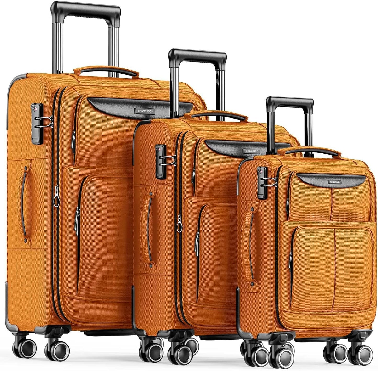 SHOWKOO Luggage Sets 3 Piece Softside Expandable Lightweight Durable Suitcase Sets Double Spinner Wheels TSA Lock Hot Orange (20in/24in/28in)