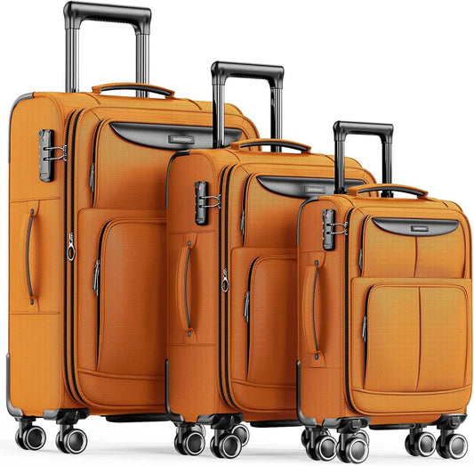 SHOWKOO Luggage Sets 3 Piece Softside Expandable Lightweight Durable Suitcase Sets Double Spinner Wheels TSA Lock Hot Orange (20in/24in/28in)