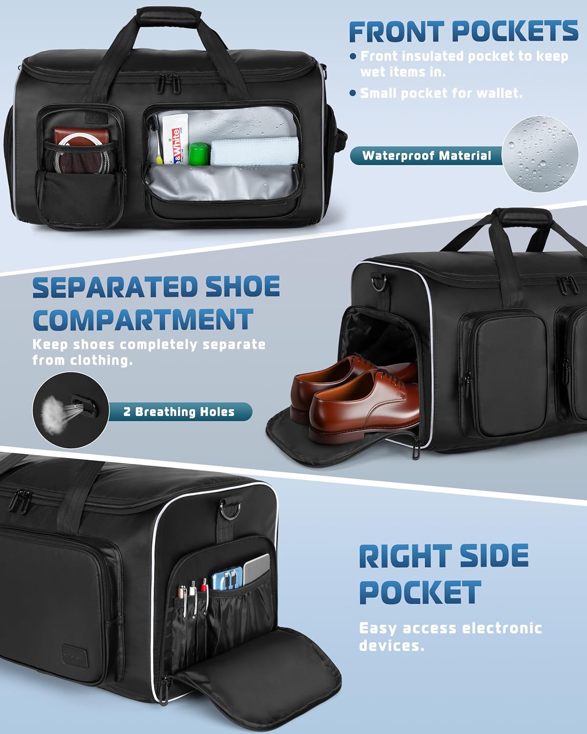 50L Convertible Garment Duffle Bag Backpack with Inner Removable Bag and Shoe Compartment, Travel Suit Bag for Business or Wedding Trips, Black