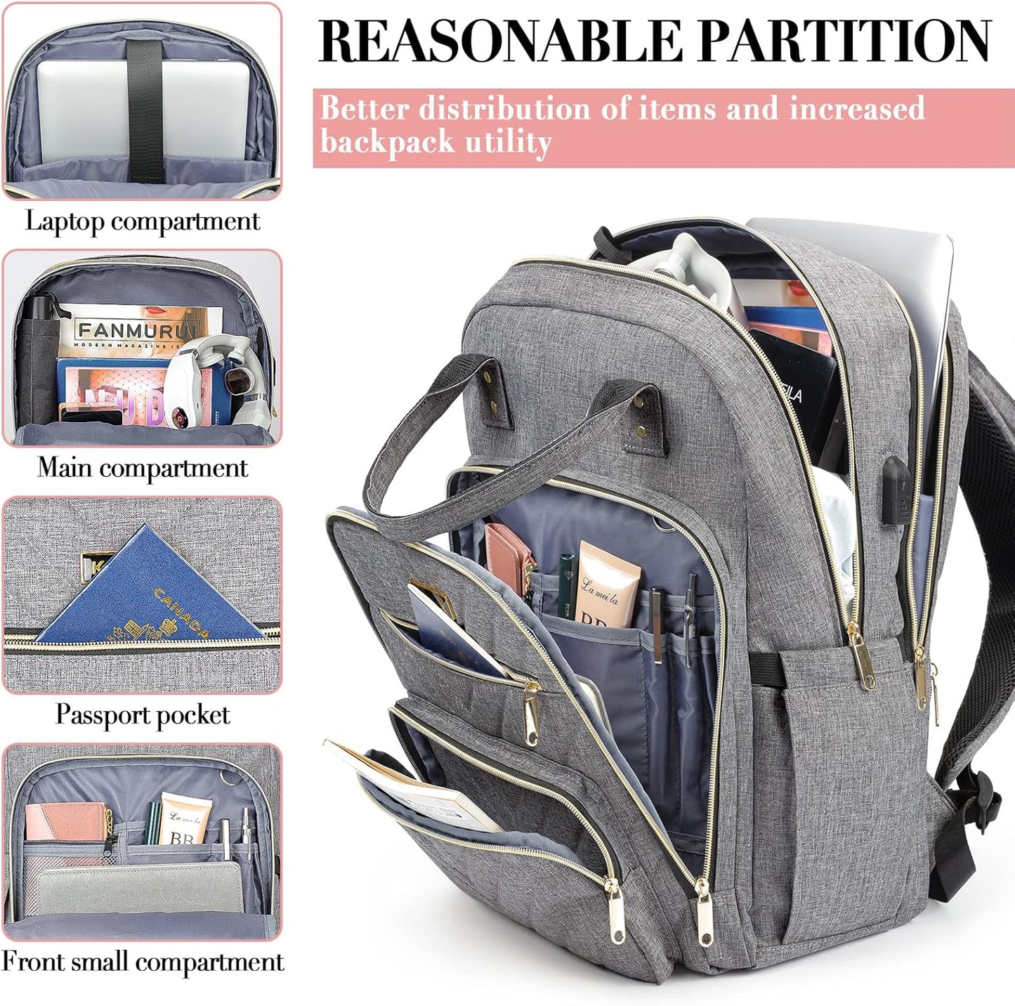 Travel Backpack for Women, 15.6 Inch Work Laptop Backpack, Water Resistant Backpack for Business with USB Charging Port, Anti-theft Student Teacher Bookbags, Large Daypacks for Women, Grey