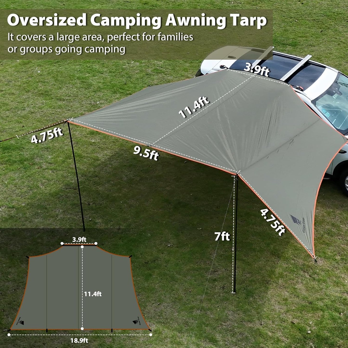 GEERTOP Large Car Side Camping Awning 19 x 11 ft SUV Canopy Tarp Waterproof Outdoor Vehicle Sun Shade Shelter for Truck, MPV, Van, Campers