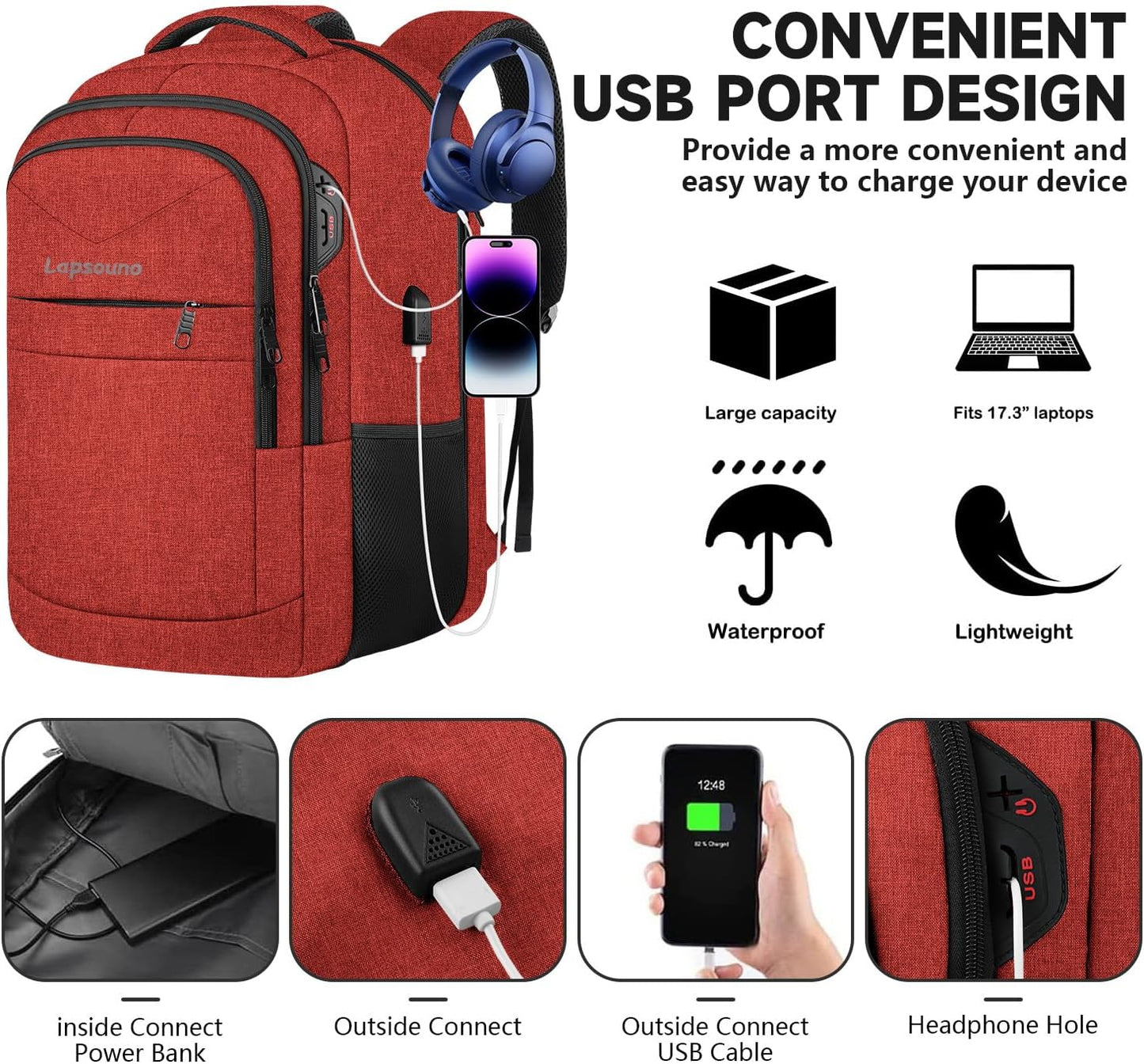 Lapsouno Large Backpack, Travel Laptop Backpack, Carry on Backpack, Sturdy 17 Inch TSA Friendly with USB Port, Water Resistant College School Bag Gifts for Men Women, Wine Red