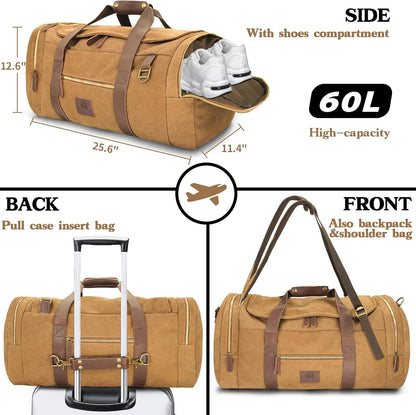 60L Travel Bags for Men, Nomad Canvas Duffle Bag Vintage Genuine Leather Travel Duffel Bag Multifunctional Weekender Overnight Backpack with Shoes Compartment (Coffee, X Large-60L)