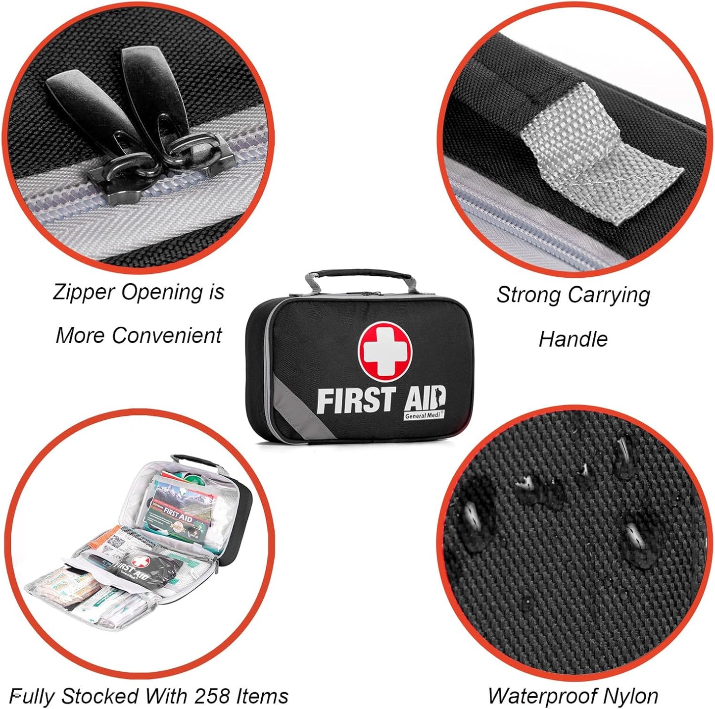 General Medi 2-in-1 First Aid Kit (215 Piece Set) + 43 Piece Mini First Aid Kit -Includes Ice(Cold) Pack, Moleskin Pad and Emergency Blanket for Travel, Home, Office, Car, Workplace(Black)