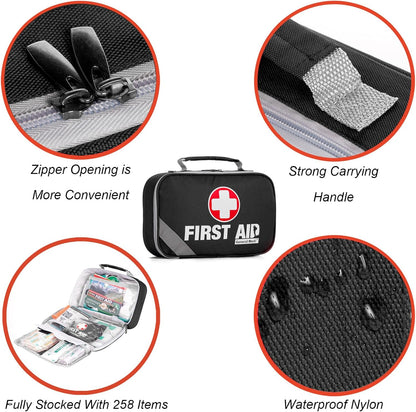 General Medi 2-in-1 First Aid Kit (215 Piece Set) + 43 Piece Mini First Aid Kit -Includes Ice(Cold) Pack, Moleskin Pad and Emergency Blanket for Travel, Home, Office, Car, Workplace(Black)