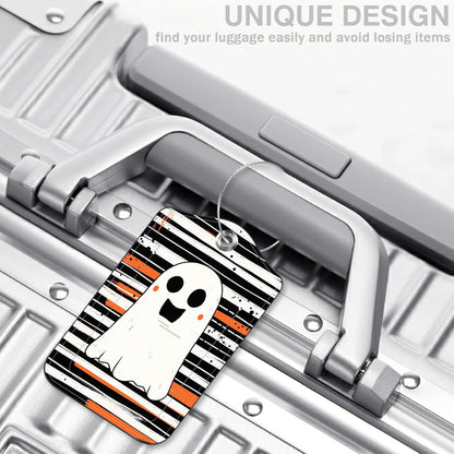 Halloween Set of 2 Luggage Tags Cute Ghost on Black and White Stripes Luggage Tags for Suitcases Leather Suitcase Tags with Privacy Name Address Label and Stainless Steel Loop for Women Men Travel Bag