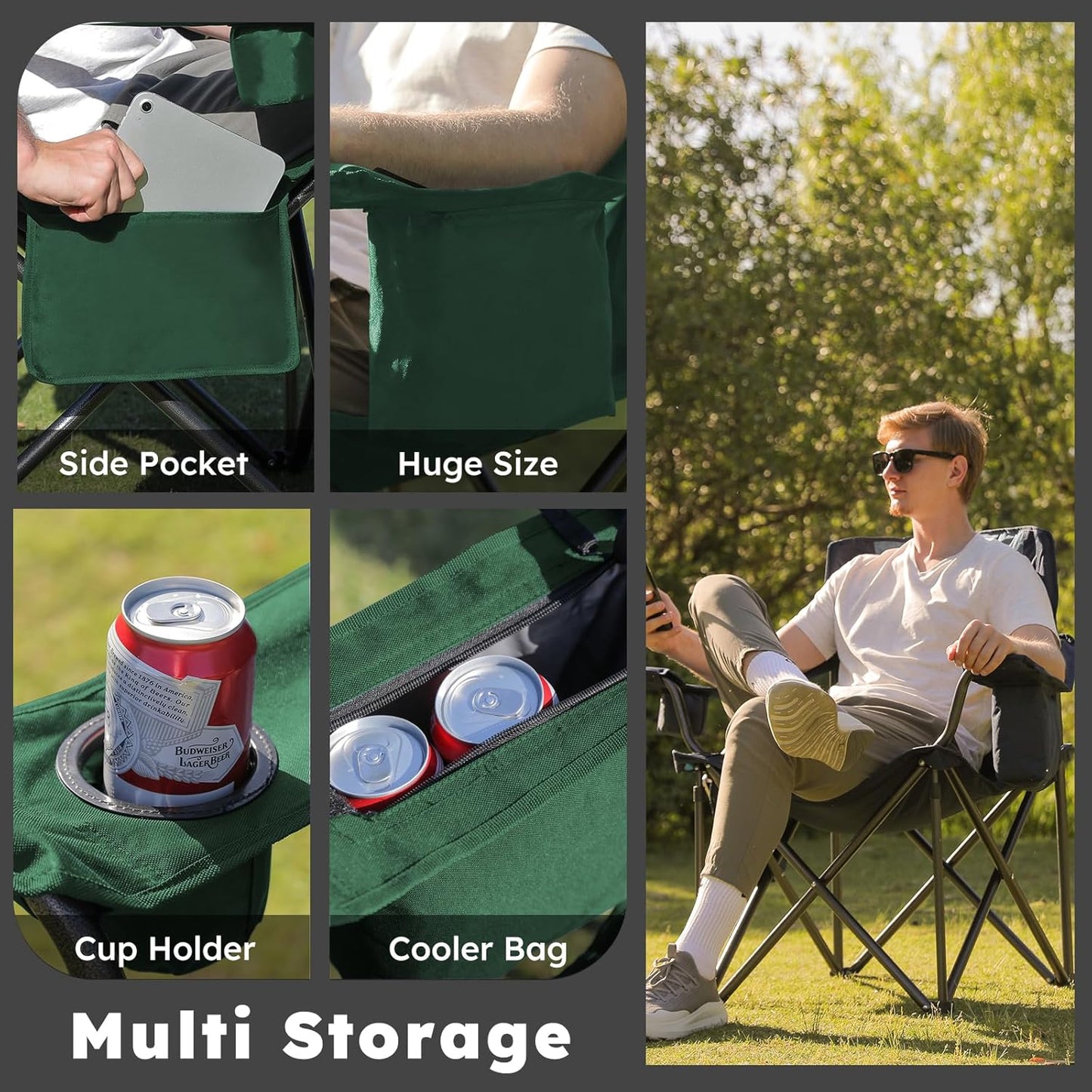Oversized Camping Chairs 2 Pack - 450lbs Support Heavy Duty Folding Camp Chair Wide Portable Outside Collapsible Chairs with Carry Bag,Cooler,Cup Holder for Outdoor,Lawn,Sports,Baseball,Soccer-Green