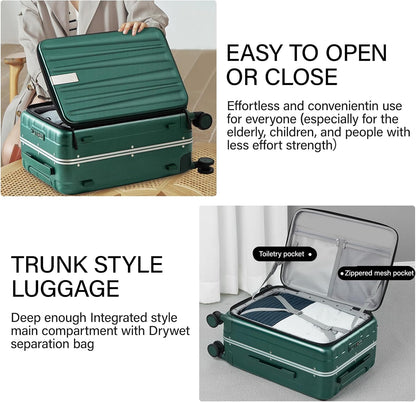 Hanke 24 Inch Checked Luggage Front Opening Rolling Suitcase Hard Sided Luggage with Spinner Wheels Travel Luggagefor Woman Men.(Dark Green)