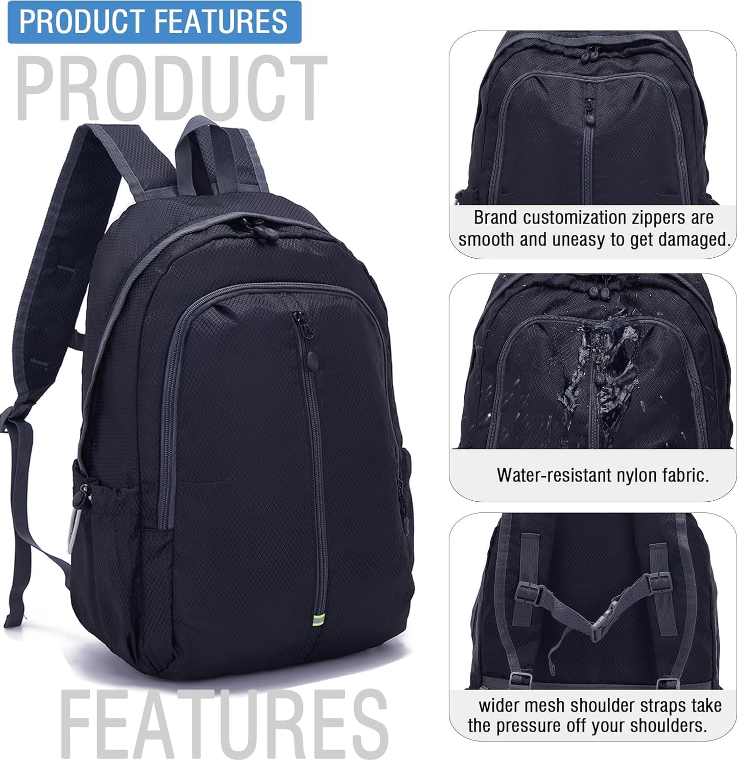 YZAOLL 25L Lightweight Packable Hiking Backpack Waterproof Hiking Daypack for Women Men Gym Backpack Travel Camping Vacation,Black