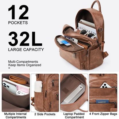 Backpack Purse for Women Laptop Backpack, Leather Travel Backpack Shoulder Bag Teacher College Daypack Work Handbag fits 14" Laptop-Brown