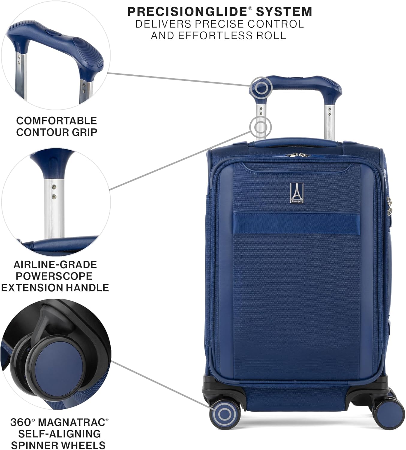 Travelpro VersaPack+ Lightweight Softside Expandable Carry on Luggage, 8 Spinner Suitcase, TSA Lock, Men and Women, Compact Carry On 20-Inch, Estate Blue