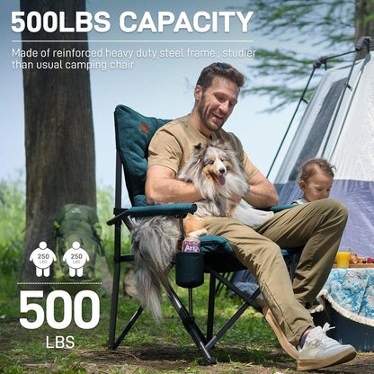 EVER ADVANCED Padded Oversized Folding Camping Chair for Adults, Heavy Duty Lawn Chair with Side Pockets, Portable Collapsible Quad Chair for Outside, Support Up to 500lbs, Green