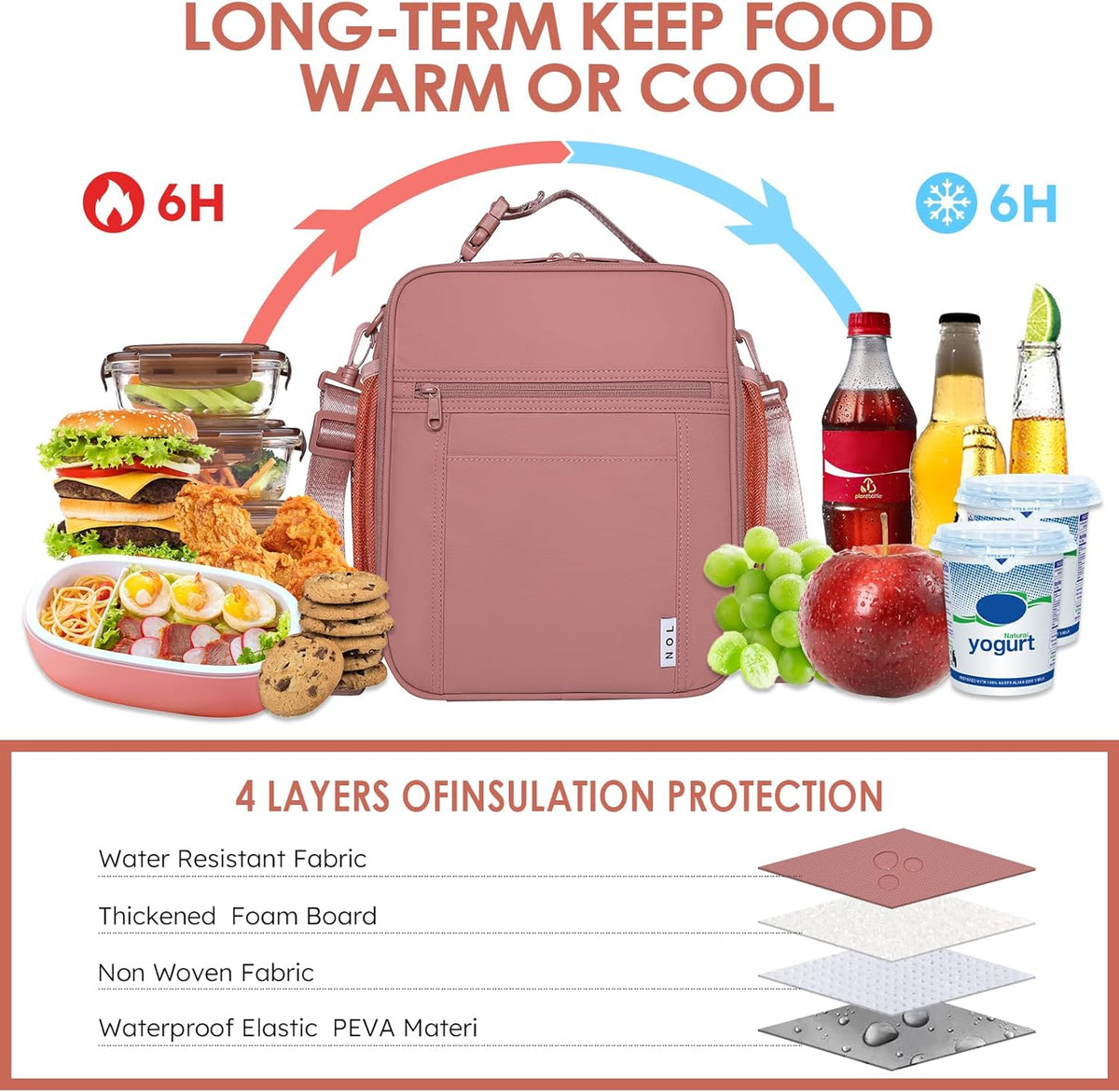 NOL Nylon Waterproof Kids Lunch Bag, Insulated Lunch Bag, Lunch box Cooler, Reusable, Zip Closure with Buckle Handle Holds Lunch Box, Snacks & Water Bottle for School Work, Dark pink
