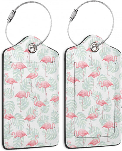 2 Pack Luggage Tag for Suitcase,Flamingos Palm Leafs Leather Suitcase Tags Identifiers with Privacy Name Address Labels and Durable Steel Loop for Women Men Travel