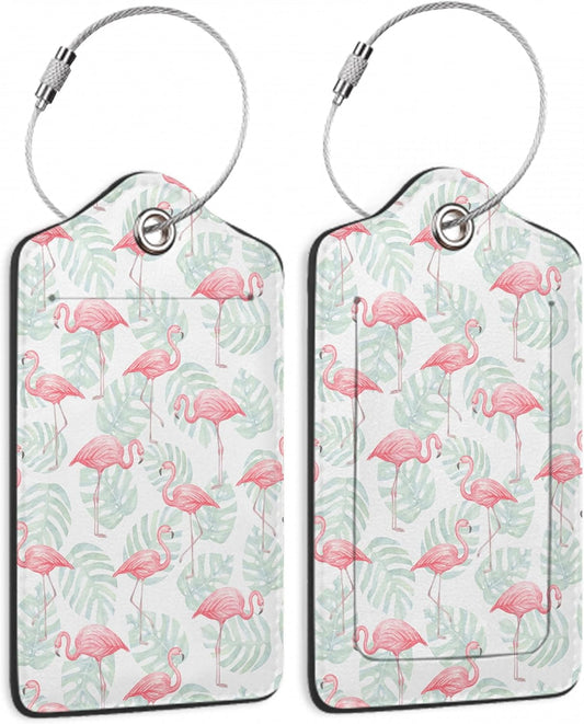 2 Pack Luggage Tag for Suitcase,Flamingos Palm Leafs Leather Suitcase Tags Identifiers with Privacy Name Address Labels and Durable Steel Loop for Women Men Travel