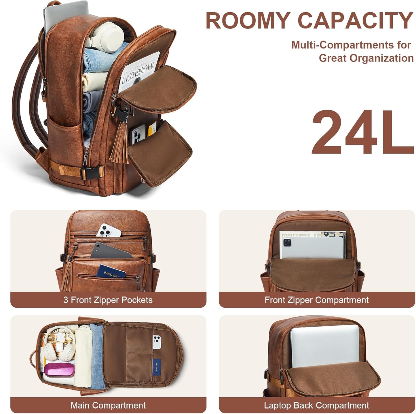 Shrrie Laptop Backpack for Women,Vegan Leather Backpack Work Computer Backpacks fits 16" Laptop,Water Resistant Teacher Nurse Casual Daypack for Weekender Camping Travel,Two-toned Brown