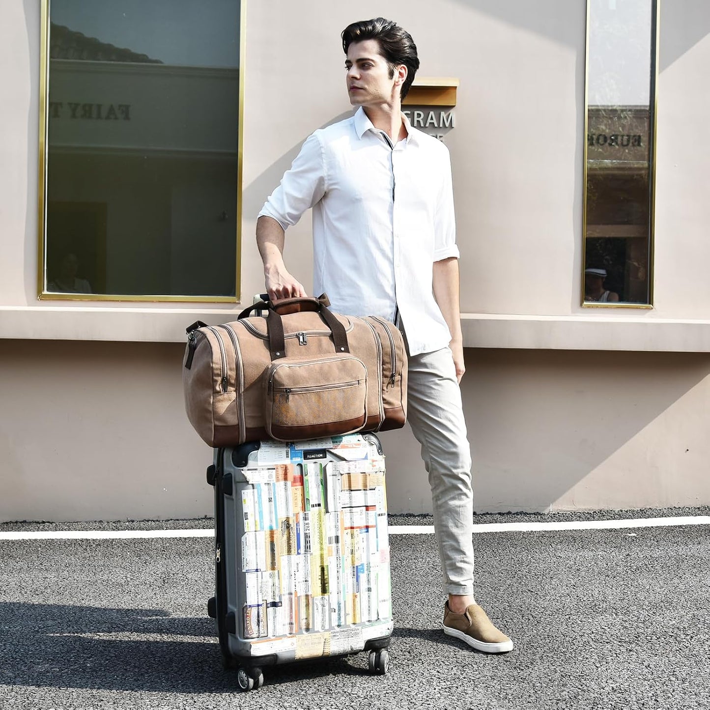 Litvyak Duffle Bag for Travel, Large 60L Canvas Travel Duffel Bags Overnight Weekend Gym Carry On Luggage Bag for Men & Women(Coffee)