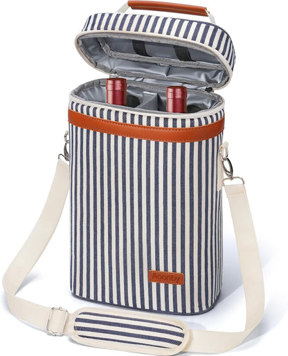 2 Bottle Wine Bag Wine Cooler Carrier Wine Gift Tote Bag, Leakproof & Insulated Bottle Bags for Travel, BYOB, Beach, Dinner, Party, Christmas Gifts for Wines Lovers Women Men - Navy Stripe