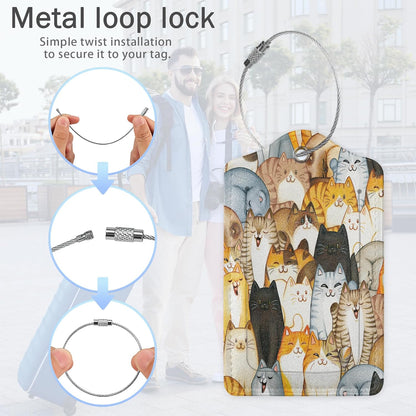 Cartoon Cats Luggage Tags,2 Pack Luggage Tag,Leather Privacy Cover ID Label with Stainless Steel Loop for Women Men Kids Girls Travel