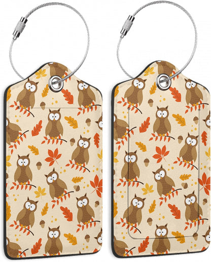 2 Pack Luggage Tags for Suitcase,Autumnal Leaves and Owl Bird Leather Luggage Tag Bag Tags Identifiers Privacy Cover Id Label with Steel Loop for Women Men Girls Boys Travel