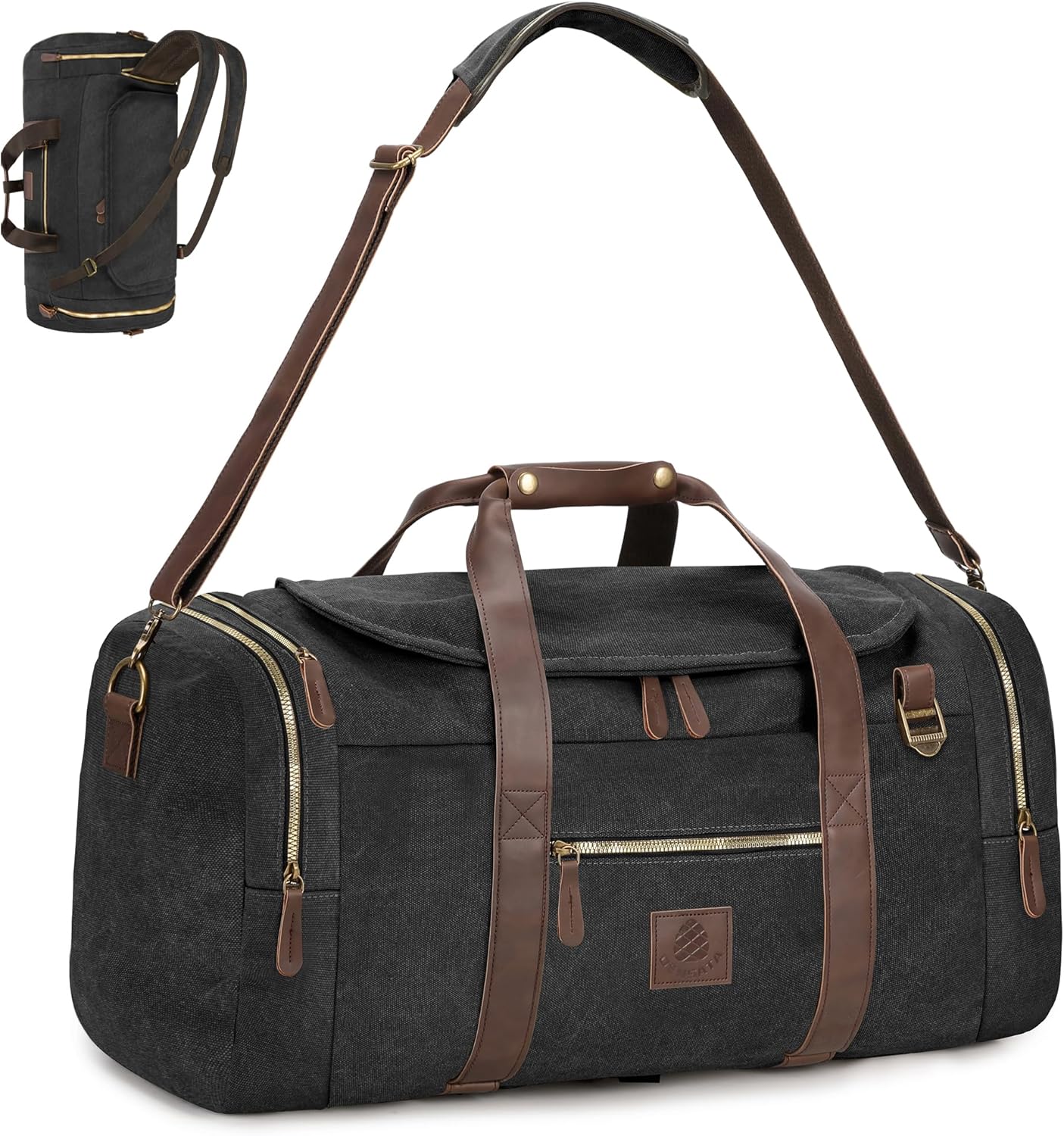 Vintage Canvas Duffle Bag, 50L Genuine Leather Travel Duffel Backpack Multifunctional Overnight Weekender Bag with Shoes Compartment Men (Black)