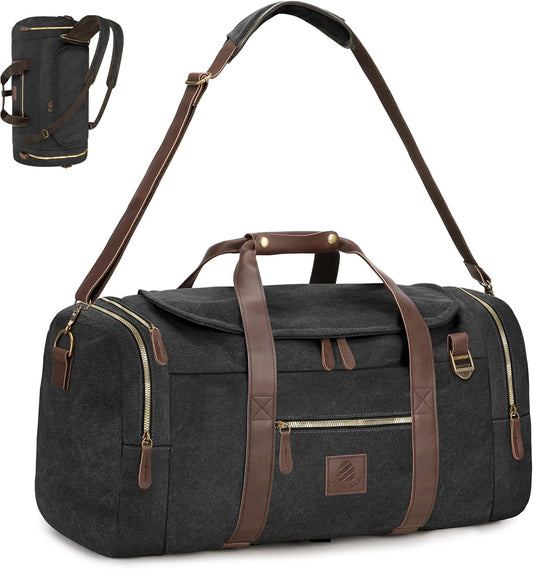 Vintage Canvas Duffle Bag, 50L Genuine Leather Travel Duffel Backpack Multifunctional Overnight Weekender Bag with Shoes Compartment Men (Black)